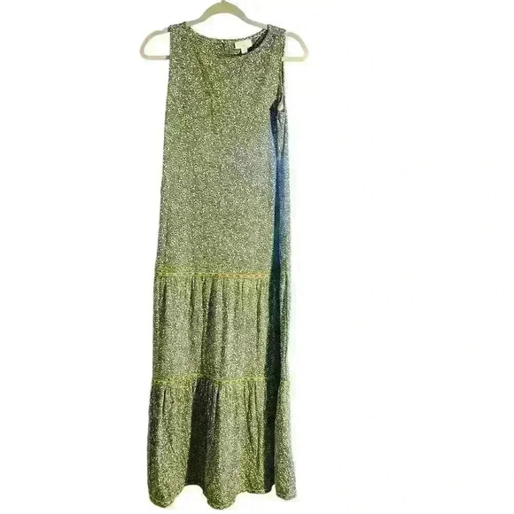 J.Jill Green Grass Fern Ditsy Tiered Mixed Print Maxi Dress Size Small Stretch - Picture 2 of 9